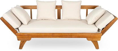 Christopher Knight Home Gary Patio Convertible Couch, Wooden Outdoor Daybed, 3-Seater Acacia Wood Patio Furniture Lounge Sofa for Backyard/Poolside/Garden, Back Pillow+Removable Cushion, Teak+ Beige