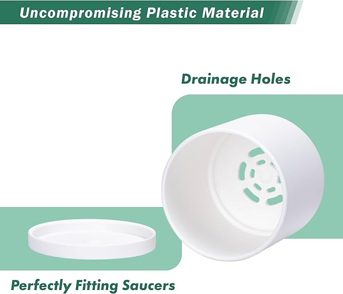 Planters: 12 Matte White Plastic Pots with Drainage Holes and Saucers