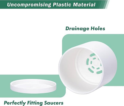 Planters: 12 Matte White Plastic Pots with Drainage Holes and Saucers