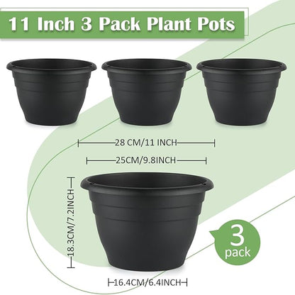 3 Pack 11 Inch Plant Pots,Plastic Flower Pots with Drainage Holes,Lightweight Durable Planters for Indoor Outdoor Plants,Modern Decorative Pots for Patio Garden(Black)