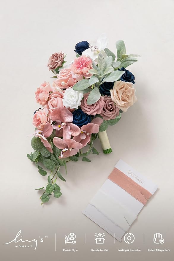 Artificial Bridal Bouquet in Dusty Rose and Navy, Cascading Silk Flowers with Pearls