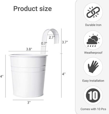 Dahey 10 Pcs Hanging Flower Pots Metal Iron Bucket Planter for Railing Fence Balcony Garden Home Decoration Flower Holders with Detachable Hooks, White, 4 Inches