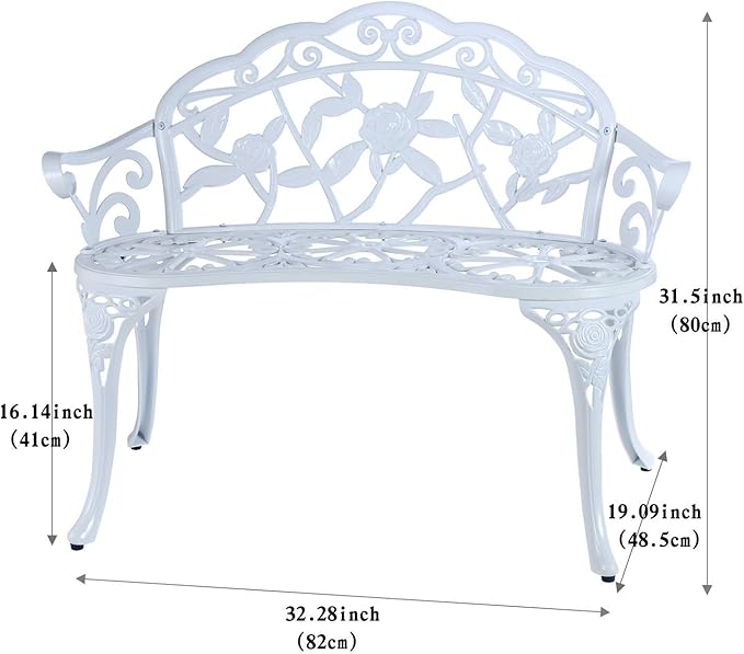 Patio Balcony Bench Double Seat, Anti-Rust Cast Aluminum Patio Garden Bench for Park Yard Outdoor Furniture White.1