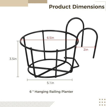 6 PCS Round Hanging Railing Planters, Hanging Flower Stand Iron Baskets, Hanging Planters for Outdoor Plants, Metal Rack Fence Shelf Plant Holder with Hooks for Balconies, Gardens, Indoor Spaces