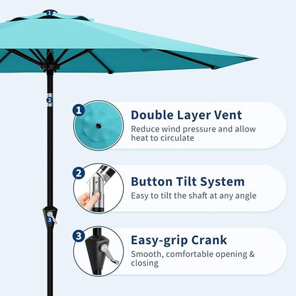 Garvee 9FT Patio Umbrella - Outdoor Table Umbrella with Smooth Crank Lift, Push Button Tilt and 8 Sturdy Ribs - Market Umbrella UV Protection Waterproof for Pool, Deck, Yard, Garden -Sky Blue