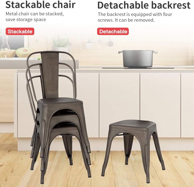 Patio Dining Chairs, Set of 4, Bronze Stackable with Removable Backrest