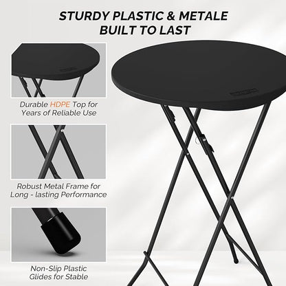 VINGLI 24" Plastic Folding Round Table Bar Height, HDPE Matrial with Gray Metal Finish, High Top Table for Outdoor Party, Cafes, Restaurants, Backyard, Dining Room, Wedding Event,1 Pack, Black