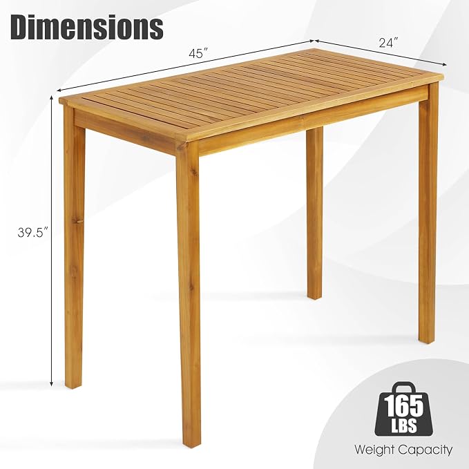 Acacia Wood Bar Table, 45-Inch Rectangular Patio Bar Height Table, Teak Finish