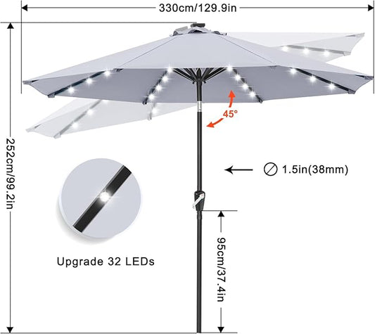 Durable Solar Led Patio Umbrellas with 32LED Lights ( ) in Grey, 11FT