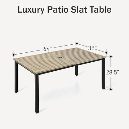 PHI VILLA 64" Rectangle Outdoor Dining Table, Patio Furniture Wood-Like Tabletop with Umbrella Hole for Patio Lawn Backyard Garden, Brown