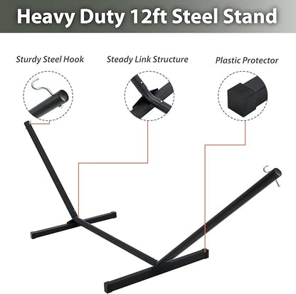 Two Person Hammock with Stand for Outside Heavy Duty, Outdoor Patio Hammock with Portable Steel Stand, Large Double Hammocks,480lbs Capacity.(Grey Stripes)