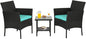 FDW 3 Piece Outdoor Furniture Set Patio Wicker Chairs Furniture Bistro Conversation Set 2 Rattan Chairs with Blue Cushions and Glass Coffee Table for Porch Lawn Garden Balcony Backyard