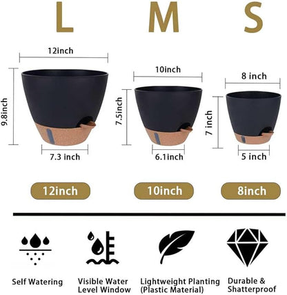 Self-Watering Plant Pots for Indoor Plants: 8/10/12 Inch Large Plastic Planter with Water Level Indicator, Drainage Holes & Deep Reservoir, Modern Decorative Flower Pot (Black)