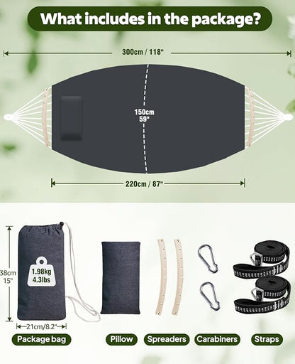 Chihee Hammock for Stand 9.8ft x 4.9ft Soft Cotton Hammock Holds Up to 660lbs Portable Tree Hammocks with Detachable Spreader Bar Pillow 2 Strong Webbings 2 Carabiners Patio Garden Indoor Outdoor