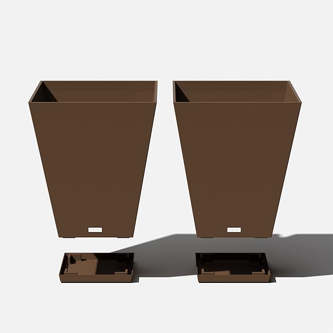 Veradek Nobleton Indoor/Outdoor Wide Square Planter (Espresso, 22 inch - 2 Pack with 2 Saucer Trays)