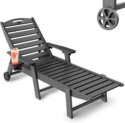 Lounge Chair Outdoor, Chaise Lounge Outdoor, HDPE 6-Position Lounge Chair for Outside, Patio Lounge Chair with Wheels & Cup Holder for Pool Poolside Deck Backyard, Darkgrey