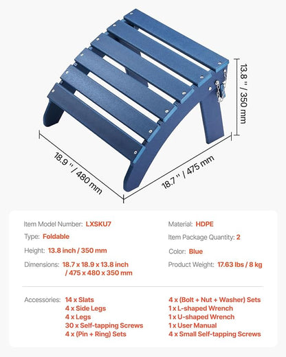 VEVOR Adirondack Ottoman Set of 2, 18.7L x 18.9W x 13.8H Inch HDPE Plastic Folding Adirondack Ottoman, Weather-Resistant Foot Rest for Adirondack Chair, Used for Outside Porch Pool Lawn Backyard, Blue