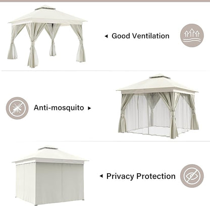 LAUSAINT HOME Semi-Permanent Outdoor Patio Gazebo 10'x10', Heavy Duty Party Tent Shelter with Double Roofs, Mosquito Nettings and Privacy Screens for Backyard, Garden, Lawn, Cream White