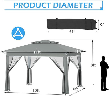 ECOTOUGE 11FT Pop Up Gazebo, Canopy Tent with Mosquito Netting,Instant Shelte Gazebo w/Carrying Roller Bag Waterproof and UV Resistant Canopy Tent for Grill, Garden and Backyard(Dark Grey)