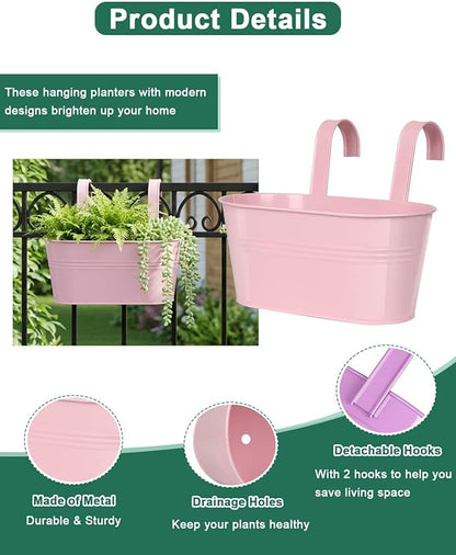 Railing planter box - 3 Pack Metal Hanging Flower Pots with Detachable Hooks & Drainage Holes, Window Oval Bucket Fence Hanging Planters for Outdoor Plants Garden Balcony Home Decor, Purple Pink Blue