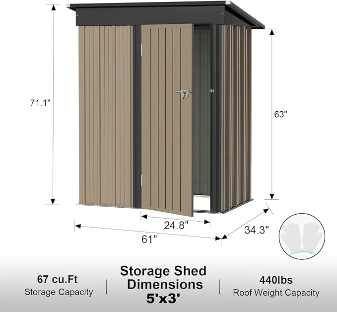 Storage Shed, Brown Galvanized Steel Garden Shed with Lockable Door