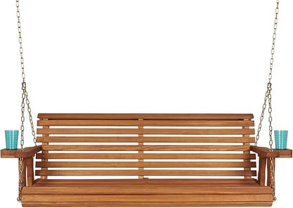 Amish Casual 5 Foot Roll Back Heavy Duty Wooden Porch Swing with Cup Holders in Cedar Stain - Amish Made in The USA from Treated Pine, Outdoor Hanging Bench Swing with 700 Lb. Weight Capacity