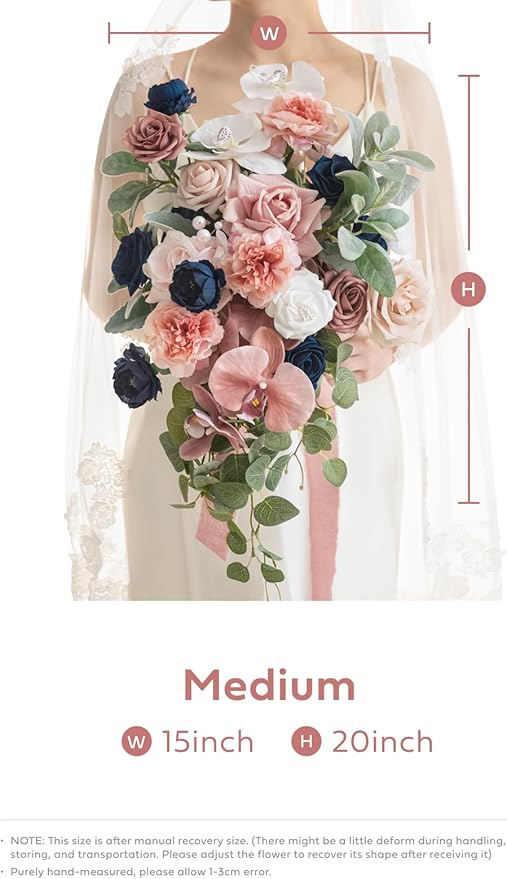 Artificial Bridal Bouquet in Dusty Rose and Navy, Cascading Silk Flowers with Pearls