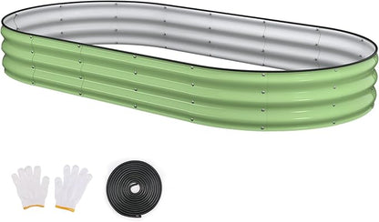 Raised Garden Bed, 8x4x1ft Galvanized Outdoor Planter Beds with Safety Edging and Gloves, Oval Metal Planter Box for Gardening Vegetables Flowers Herb-Green