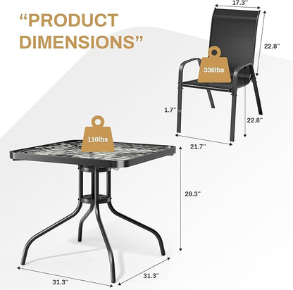 Arlopu 5 Piece Outdoor Patio Dining Set (Umbrella not Included), Porch Furniture with 4 Textline Chairs, 1 Square Glass Table for Garden, Backyard and Poolside, Lawn (Black)