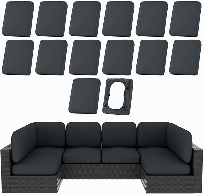 Cushion Covers 14-Piece Set in Dark Gray, Stretch Fit with Elastic Straps