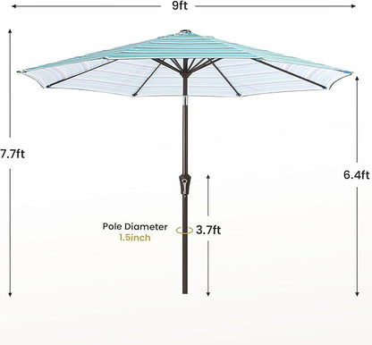 MEWAY 9ft Patio Umbrella Outdoor Table Umbrellas with Push Button Tilt and Crank, Market Umbrella 8 Sturdy Ribs for Deck, Garden, Pool and Backyard, Blue Green Stripe