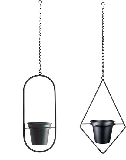 Modern Hanging Planters for Indoor Plants, Metal Plant Hanger with 5 inch Flower Pot, Set of 2 Black Plant Holder in Diamond and Oval Shape, Small Wall and Ceiling Hanging Pot for Outdoor Plants
