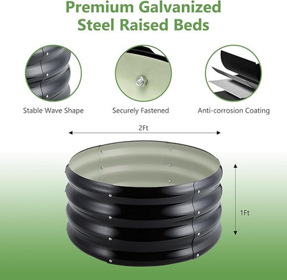 3 Pcs 2x2x1ft Round Galvanized Raised Garden Bed Planter Boxes Outdoor with Easy Assembly, Metal Raised Beds for Vegetables, Fruits, Flowers (Galvanized, Black, Green)