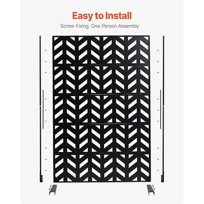 VEVOR Metal Privacy Screen, 47" W x 72" H, Outdoor Privacy Screens 5-Panel, Freestanding Outdoor Divider with Stand, Decorative Garden Steel Privacy Fence for Balcony Patio Indoor Room Black