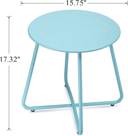 danpinera Outdoor Side Tables with Flower Cut Outs, Weather Resistant Steel Patio Side Table, Small Round Outdoor End Table Metal Side Table for Patio Yard Balcony Garden Blue