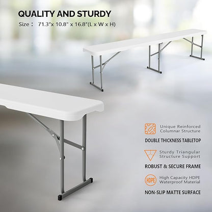 VINGLI 6 feet Plastic Folding Bench,Portable in/Outdoor Picnic Party Camping Dining Seat, Garden Soccer Multipurpose Entertaining Activities, Smooth HDPE Tabletop, 2 Pack, White