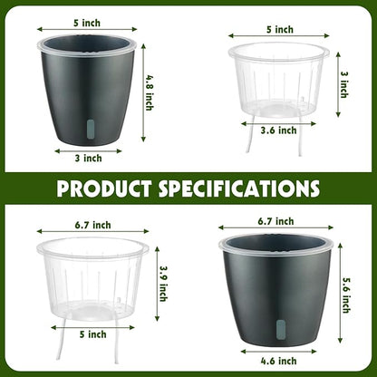Self Watering Pots for Indoor Plants, 6-Pack 6.7'' Self Watering Planter with Drainage Holes, Small African Violet Pots with Water Indicator, Clear Wick Orchid Pot, Grey