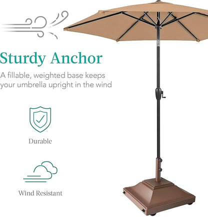 Best Choice Products Fillable Mobile Umbrella Base, Heavy Duty Base, Square Tiered Market Stand for Patio, Deck, Outdoor w/ 4 Wheels, 2 Locks, 2 Knobs, 120lb Capacity - Brown