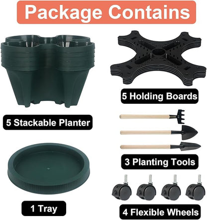 GameXcel Vertical Planter 5 Tier Stackable Planters Garden Planters Strawberry Herb Flower and Vegetable Planter Indoor Outdoor Gardening Pots with Removable Wheels and Tools - Green