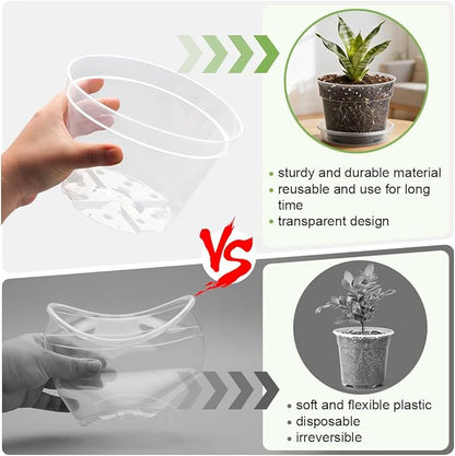 15 Pack 8/7/6 Inch Clear Nursery Pots with Saucer, Transparent Plastic Plant Pot with Drainage Hole, Sturdy Planting Starter Pots for Gardening Flower Herb Vegetable