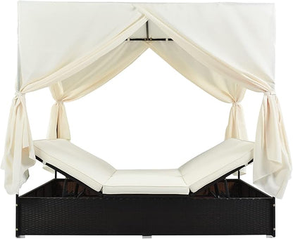 Patio Chaise Lounge, PE Rattan Outdoor Patio Wicker Sunbed Daybed with Adjustable Seats, Four-sided Canopy, Overhead Curtain and Beige Cushions for Backyard, Garden, Poolside (for 2-6 people)