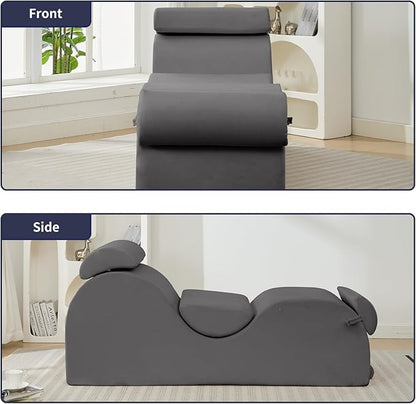 ijuicy Chaise Lounge Chair for Exercise, Indoor Lounger with Headrest, Waist Cushion, Movable Footrest, Side Pockets, Non-Slip Bottom - Yoga Chair with High Density Sponge, Light Grey