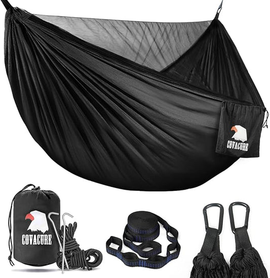 Covacure Camping Hammock - 772lbs Capacity Double Hammock with Tree Straps, Lightweight Parachute Nylon Outdoor Survival Gear for Hiking, Backpacking, Travel or Backyard (Black)