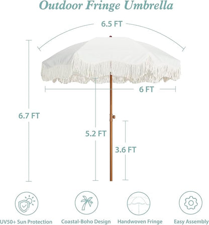AMMSUN Boho Fringe Umbrella Outdoor Patio, 6.5ft UPF50+ Picnic Umbrella with Tassels with Steel Pole and Push Button Tilt, Antique White