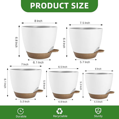 Plant Pots 8/7.5/7/6.5/6 Inch Self Watering Pots,5 Pack Planters with Drainage Holes and Saucers,Plastic Flower Pots,Nursery Planters for Indoor Outdoor Plants (White)