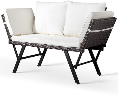 VINGLI Outdoor Loveseat, Woven Rattan Outdoor Sofa with Adjustable Armrests, Patio Loveseat with Removable Cushions and Pillows, Convertible Patio Couch for Yard Pool Balcony