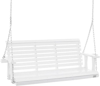 VEVOR Wooden Porch Swing 5.5FT with 2 Side Cup Holders, Heavy Duty 880lbs Patio Swing, Outdoor Swing Hanging Chair, Bench Swing with Adjustable Chains for Front Porch, Yard, Balcony, Garden, White