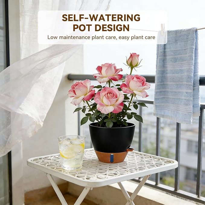 7/6.5/6/5.5/5 Inch Self Watering Pots, Plastic Flower Pots with Multi Mesh Drainage Holes and Deep Reservoir for Indoor Outdoor Garden Plants and Flowers (Black, 5/5.5/6/6.5/7)