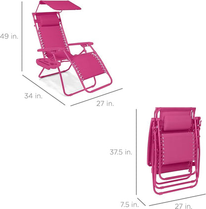 Best Choice Products Folding Zero Gravity Outdoor Recliner Patio Lounge Chair w/Adjustable Canopy Shade, Headrest, Side Accessory Tray, Textilene Mesh - Hot Pink