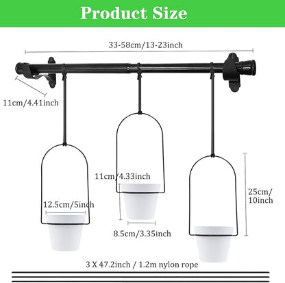 DOUBFIVSY Hanging Planters for Indoor Plants Plant Hanger, Adjustable Hanging Window Planter Hanging Wall Planter for Garden, 23in Plant Shelves Metal Holder Rod with Pots (Black)